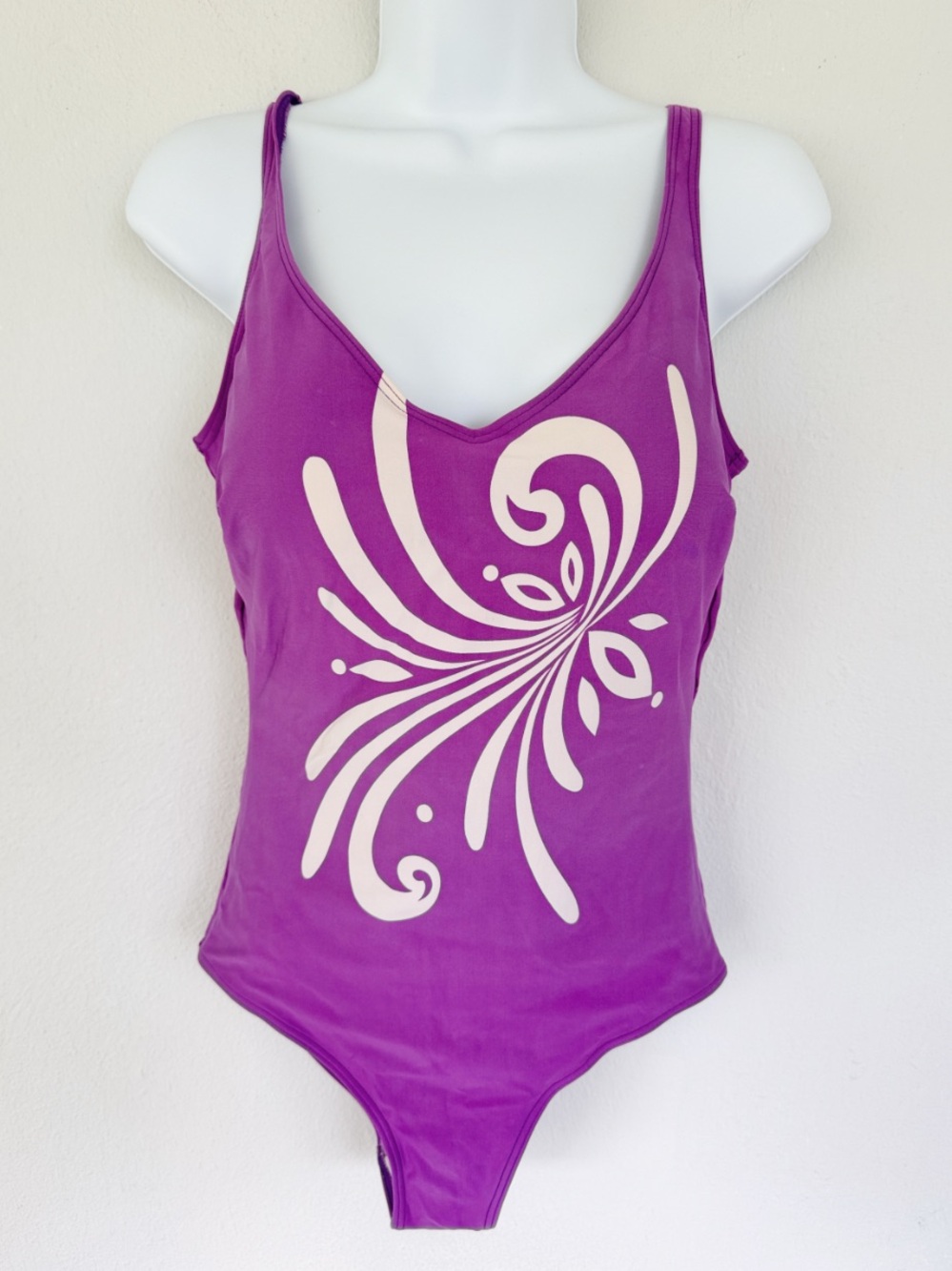 Vintage Kuny purple white abstract swirl one piece bathing suit size 12